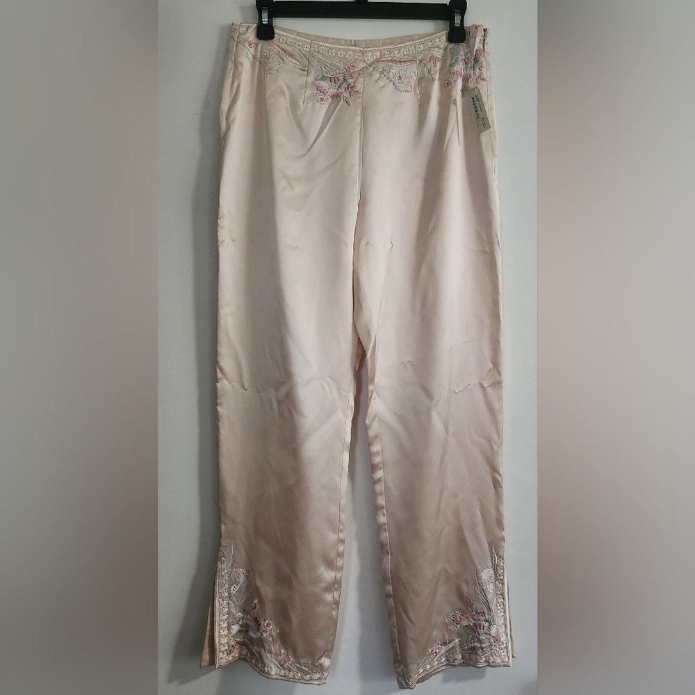 Sue Wong Cream Pajama Pants with Pink Embroidery